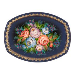 Сувениры из Н.Тагила / Souvenirs from N. Tagil / Tray "Semioval. A bouquet of flowers on blue", 30x40 cm