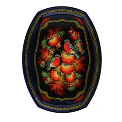 Сувениры из Н.Тагила / Souvenirs from N. Tagil / Tray "Poluoval. Bullfinches on Rowan on black", 30x40 cm