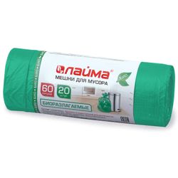 ЛАЙМА / Garbage bags 60 L, BIODEGRADABLE, green, 20 pcs / roll, HDPE, 15 microns, 60x70 cm, durable