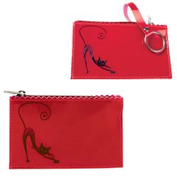 Key case BEFLER "Elegant cat", natural leather, embossed, zip, 130x85 mm, red