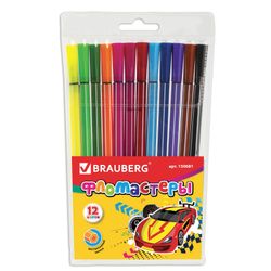 BRAUBERG markers, 12 colors, hexagon, striped, vented cap, plastic packaging