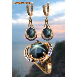 Set: ring and earrings in gold 585 with star sapphire 9x11 - 10x12 mm and blue sapphires