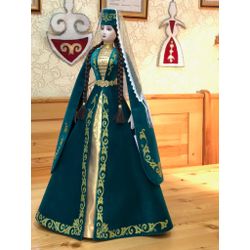 Asik / Ossetian doll in a velvet suit detailed with handmade jewelry, 55 cm