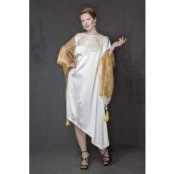 Снежинка / Snowflake / Women's satin dress with asymmetrical hem and lace trim