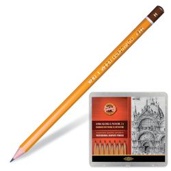 ब्लैक लेड पेंसिल KOH-I-NOOR 1500, 24 पीसी का सेट।, 8V-10H, बिना इलास्टिक बैंड, मेटल बॉक्स