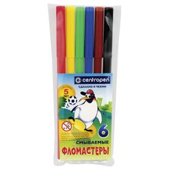 Markers CENTROPEN, 6 colors, "Penguins", washable, ventilated cap, polibeg