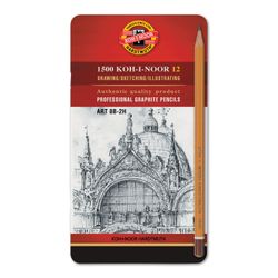 Matite a mina nera KOH-I-NOOR, SET 12 pz., "Art", 8B-2H, senza elastico, scatola in metallo