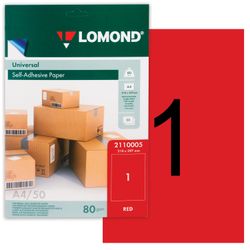 Etiqueta autoadhesiva 210x297 mm, 1 etiqueta, roja, 80 g / m2, 50 hojas, LOMOND