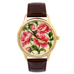 Palekh Watch / Watch "Tenderness of peonies No. 19" quartz, author's hand-painted, artist Smirnov ,, brown strap