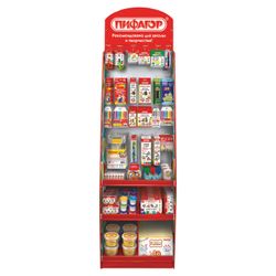 Stand for product outdoor PYTHAGORAS, 200х60х40 cm, 3 shelves, 25 hooks, cardboard