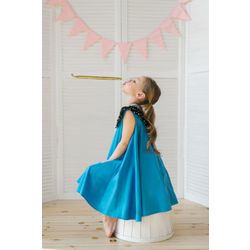 Dress - trapeze blue with a polka dot collar