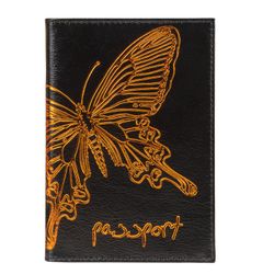 Passport cover BEFLER Butterfly, genuine leather, tisanerie-print, black