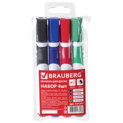Markers for whiteboard BRAUBERG SOFT, 4 PCs SET, ASSORTED, rubber insert, round tip, 5 mm