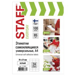 Label self-adhesive 70x37 mm, 24 labels, 65 g/m2, 100 sheets, STAFF "EVERYDAY" (Raw Finland)
