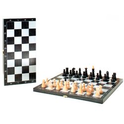GamesDealer / Everyday wooden chess set "Obyedovskie" with a small wooden black board, silver drawing "Classic" (400 * 200 * 40)