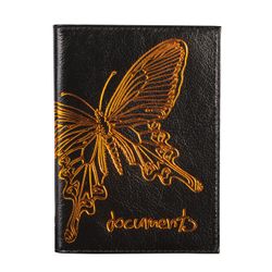 BEFLER / Driver's wallet "Butterfly", genuine leather, embossed print, 6 plastic pockets, black