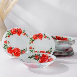 Доляна / Doliana / Set of plates "Peonies", 19 items: salad bowl, 6 dessert plates, 6 dinner plates, 6 bowls