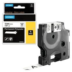 DYMO Rhino Label Printer Cartridge, 12mm x 5.5m, Polyester Ribbon, Extreme Temperature, Black Print, White