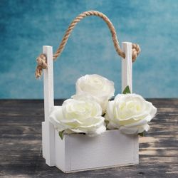 Дарим Красиво / We give beautifully / Wooden cache-pot 15 × 12 × 25 cm "Openwork", rectangular, rope handle, white