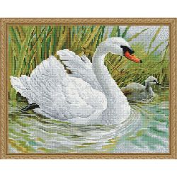 Опт-картина / Diamond mosaic 40x50, round rhinestones Swans in reeds