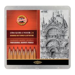 ब्लैक लेड पेंसिल KOH-I-NOOR 1500, 24 पीसी का सेट।, 8V-10H, बिना इलास्टिक बैंड, मेटल बॉक्स