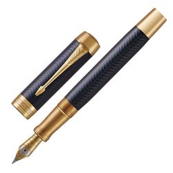 Fountain pen PARKER "Duofold Prestige Blue Chevron GT", pen F, case blue, plated detail, black