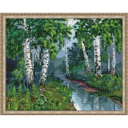 Опт-картина / Diamond mosaic 40x50, round rhinestones Birch forest