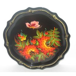 Сувениры из Н.Тагила / Souvenirs from N. Tagil / Tray "Baroque. Rowan with a moth on gray", 19 cm