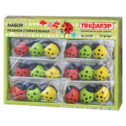 A set of erasers shaped PYTHAGORAS "ladybug" 3 PCs, 30x24x15 mm, color assorted, thermoplastic rubber