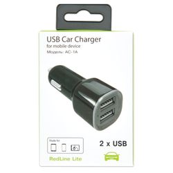 RED LINE / Car charger AC-1A, microUSB cable 1 m, 2 USB ports, output current 1 A, black