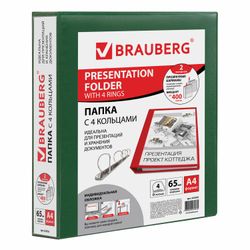 Chất kết dính 4 vòng có túi trong phía trước BRAUBERG, bìa cứng / PVC, 65 mm, màu xanh lá cây, tối đa 400 tờ