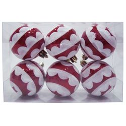 FUNNY CHEROVER / Christmas tree balls, SET 6 pcs., Plastic, diameter 6 cm, with a pattern, red color (gloss + glitter)