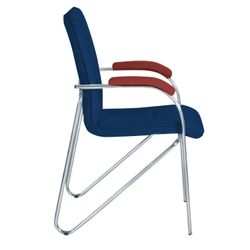 Sillón para recepción y salas de reuniones "Samba", superposiciones de madera, estructura de cromo, cuero sintético, azul