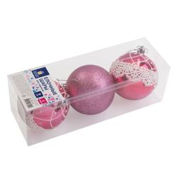 ЗОЛОТАЯ СКАЗКА / Palline di Natale con motivo "Lace", un SET di 3 pezzi, plastica, 8 cm, LAMPONE, fatto a mano