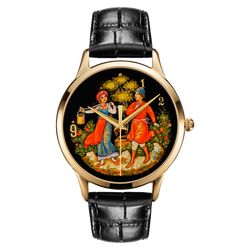 Palekh Watch / Watch "At the well No. 43" quartz, author's hand painting, artist Kuzmenko, black strap