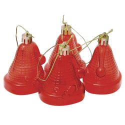 FUNNY CHOROVER / Christmas tree ornaments pendant "Bells", SET of 4 pcs., 6.5 cm, plastic, translucent, red