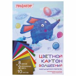 Cardboard A4 colored uncoated (matte), MAGIC, 10 sheets, 10 colors, in a folder, PYTHAGORAS, 200х290 mm, Elephant