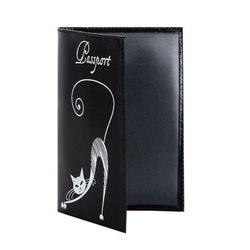 Passport cover BEFLER "Elegant cat", natural leather, embossed, black