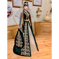 Asik / Collectible Ossetian doll in a green velvet dress, gold embroidery, 55 cm