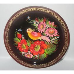 Сувениры из Н.Тагила / N. Tagil / Tepsiden Hatıra Eşyası "Yuvarlak. Kuşlu Papatya-Haşhaş", 17cm