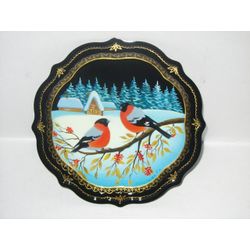 Сувениры из Н.Тагила / Souvenirs from N. Tagil / Tray "Subject painting. Bullfinches on a branch", 19 cm