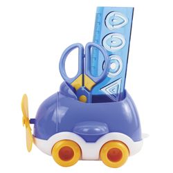 Children's stationery set ONLANDIA "AIRPLANE", 4 pieces: stand, ruler with paper clips, scissors, eraser, color - blue, blister