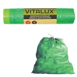 VITALUX / Green biodegradable garbage bags, HDPE, ties, 20 pcs per roll, 14 microns, 75x60 cm, 60 l