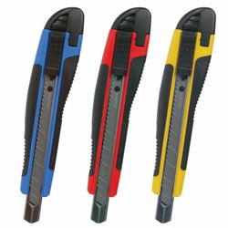 Cuchillo de papelería 9 mm BRAUBERG "Universal", autobloqueo, colores surtidos, inserciones de goma, blister