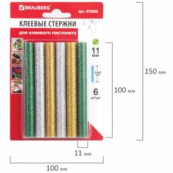 Glue rods, diameter 11 mm, length 100 mm, colored (assorted), with sequins, set 6 pieces, BRAUBERG