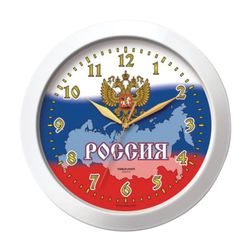 Wall clock TROYKA 11110191, round, white with a pattern of "Russia", white frame, 29х29х3,5 cm