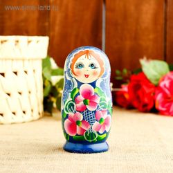 Matryoshka "Violets", blue dress, 3 dolls, 10 cm