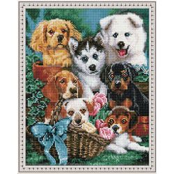 Опт-картина / Mosaico de diamantes 40x50, pedrería redonda Cachorros en una canasta