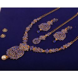Colar de joias de noiva de designer com joias de noiva de grife com inspiração floral de Bollywood indiano Bollywood inspirado em azul safira azul antigo definido em tom de ouro antigo para mulheres