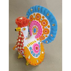 Дымковская глиняная игрушка / Figurine "Turkey in a hat with a blue tail"